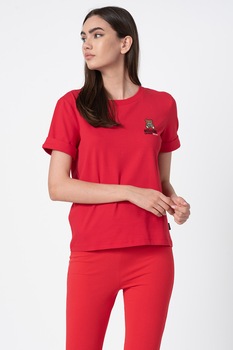 Moschino, Tricou de casa cu decolteu la baza gatului si broderie logo, Rosu Moschino, Tricou de casa cu decolteu la baza gatului si broderie logo, Rosu