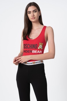 Moschino, Body de casa cu decolteu amplu si imprimeu logo, Rosu/Negru/Maro Moschino, Body de casa cu decolteu amplu si imprimeu logo, Rosu/Negru/Maro