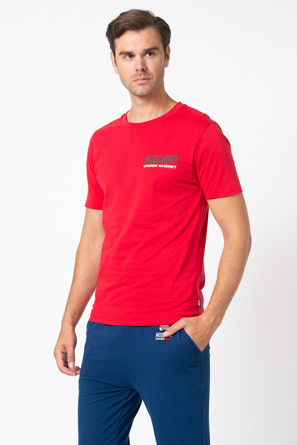 Moschino, Tricou de casa cu decolteu la baza gatului, Rosu vermilione/Negru/Alb