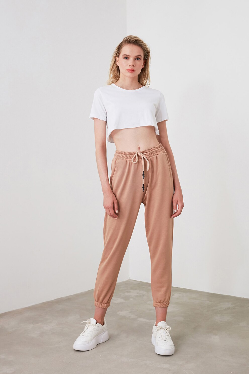 Trendyol, Pantaloni sport cu snur si talie elastica, Roz prafuit