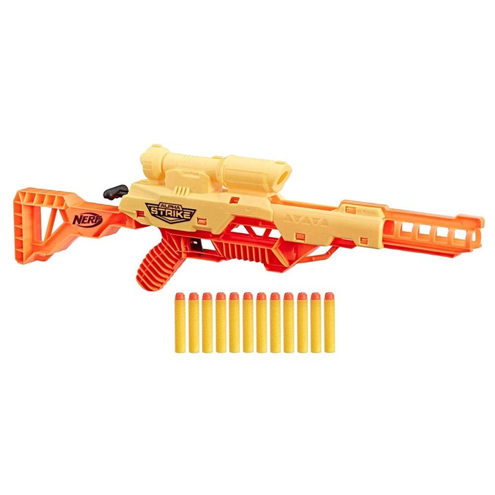 Set arma de jucarie Nerf Alpha Strike Wolf LR-1,12 proiectile incluse, culoare galben cu portocaliu, 68x20x6 cm