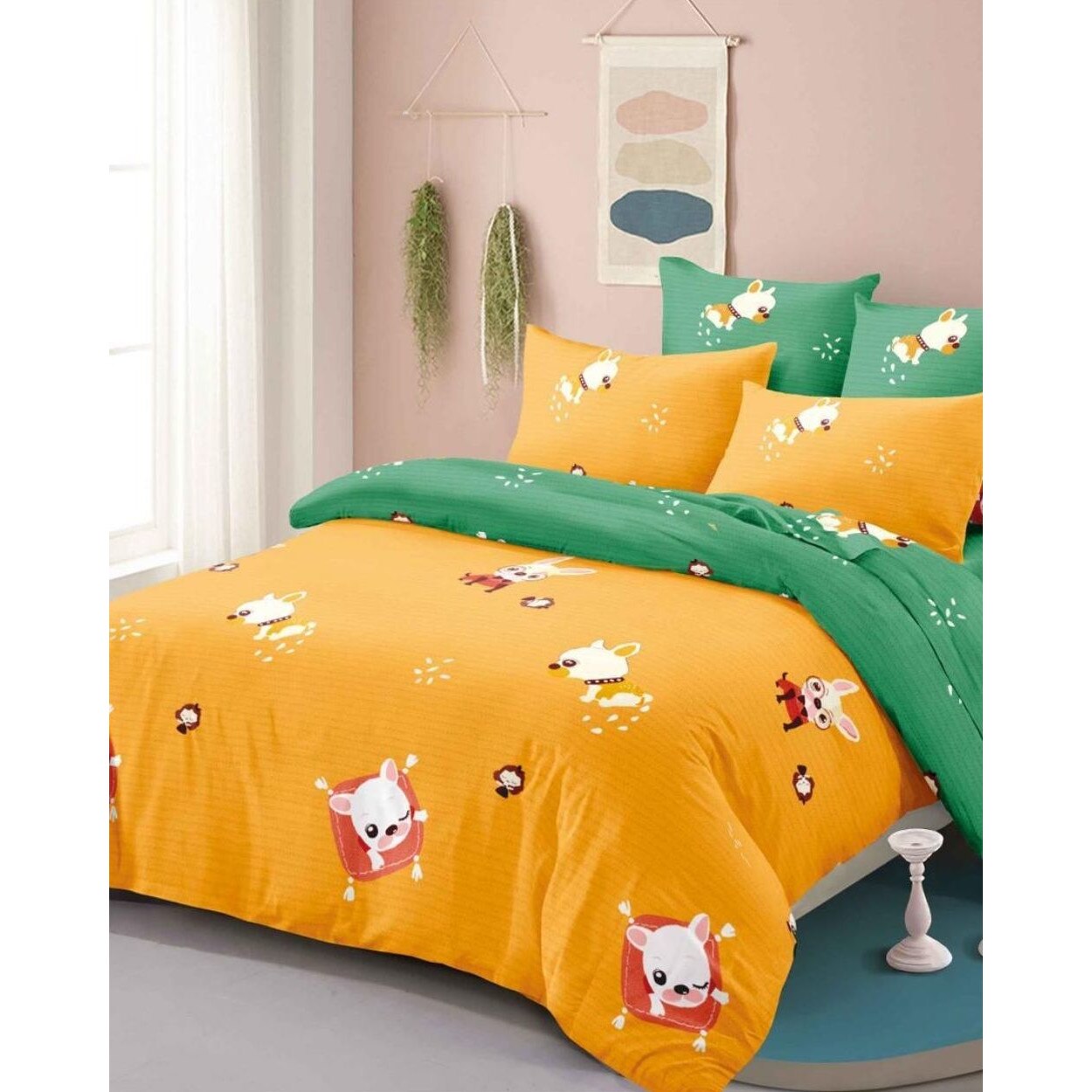 Set Lenjerie Finet Satinat, 6 Piese, Pat 2 Persoane, Cute Dog