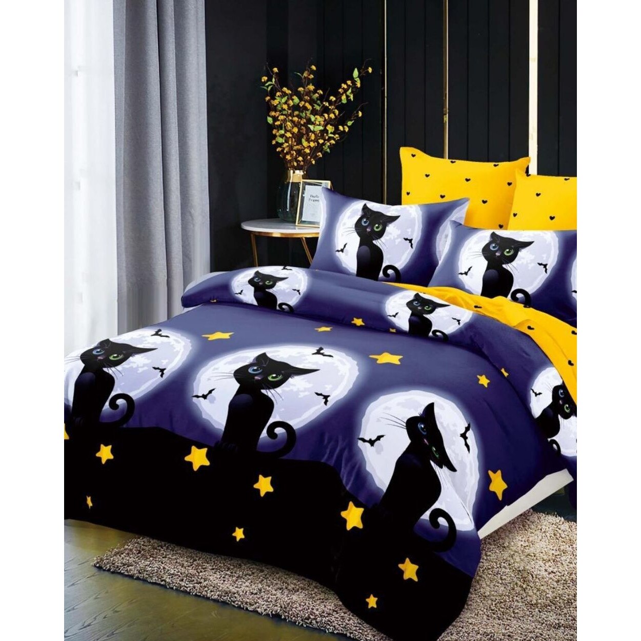 Set Lenjerie Finet Satinat, 6 Piese, Pat 2 Persoane, Witch Cat