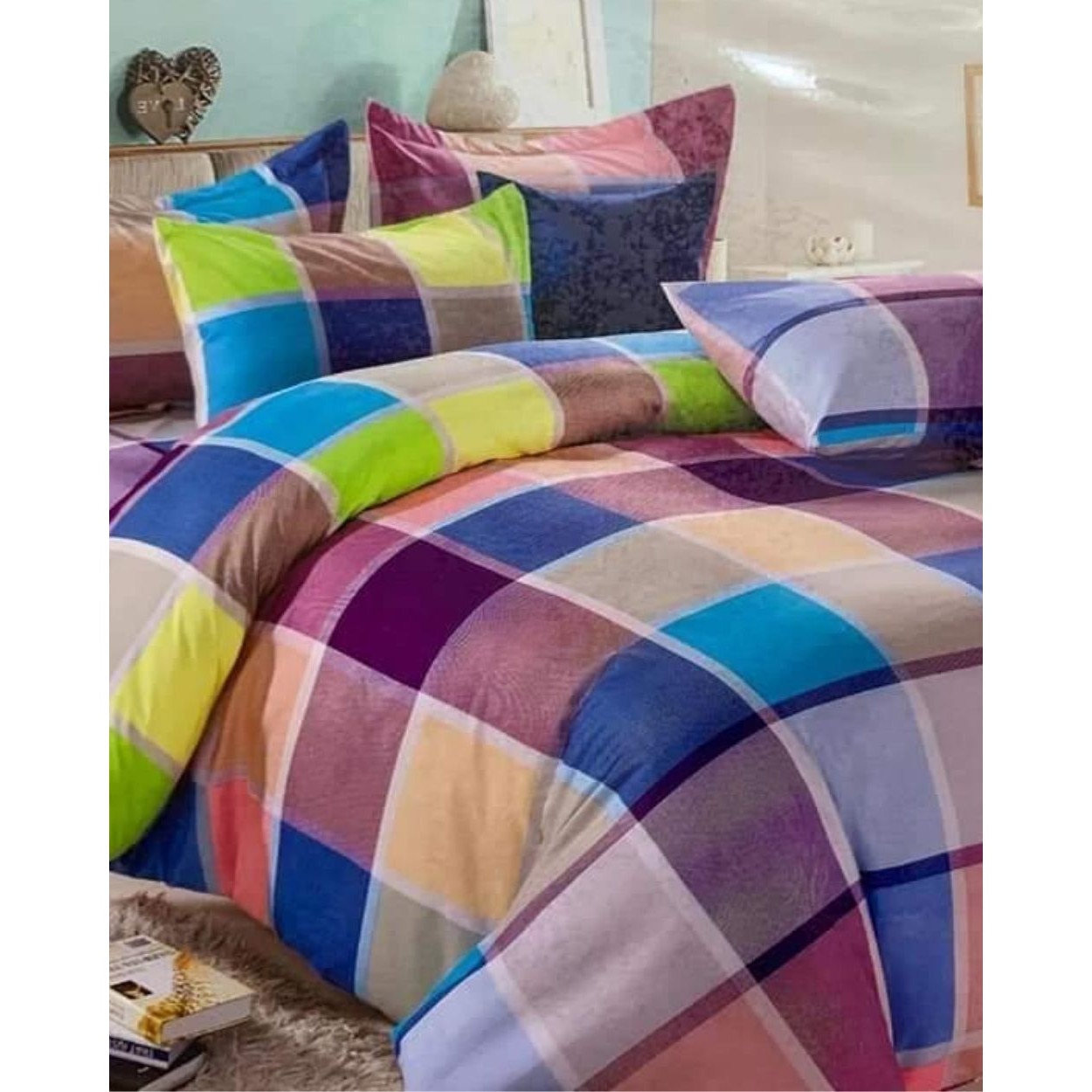 Set Lenjerie Finet Satinat Gros cu 2 Fete, 6 Piese, Pat 2 Persoane, Carouri Colorate