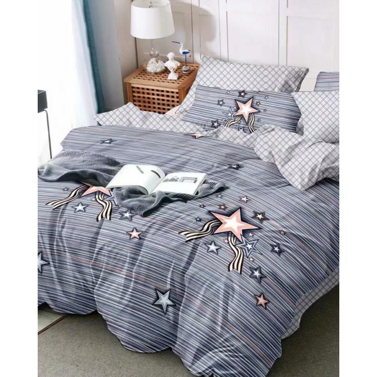 Set Lenjerie Finet Satinat Gros cu 2 Fete, 6 Piese, Pat 2 Persoane, Pink Star