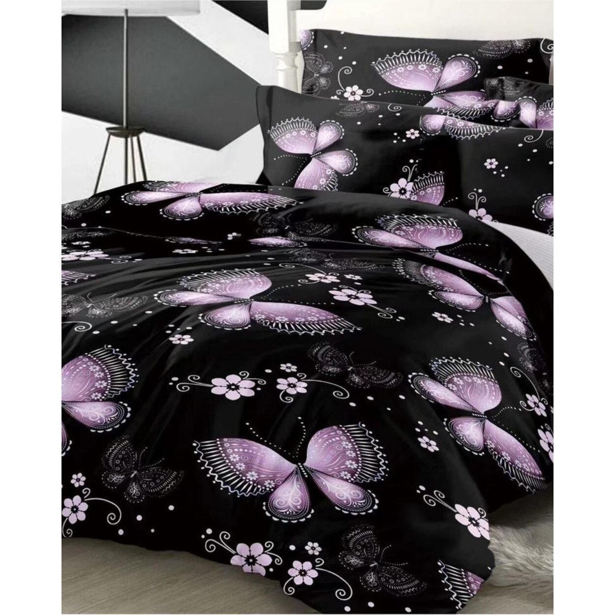 Set Lenjerie Finet Satinat Gros cu 2 Fete, 6 Piese, Pat 2 Persoane, Lilac Butterflies