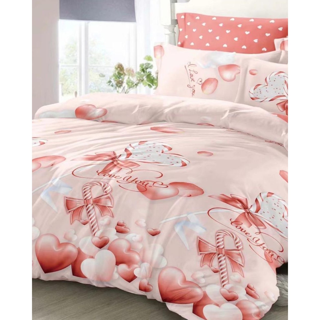 Set Lenjerie Finet Satinat Gros cu 2 Fete, 6 Piese, Pat 2 Persoane, Candy Love