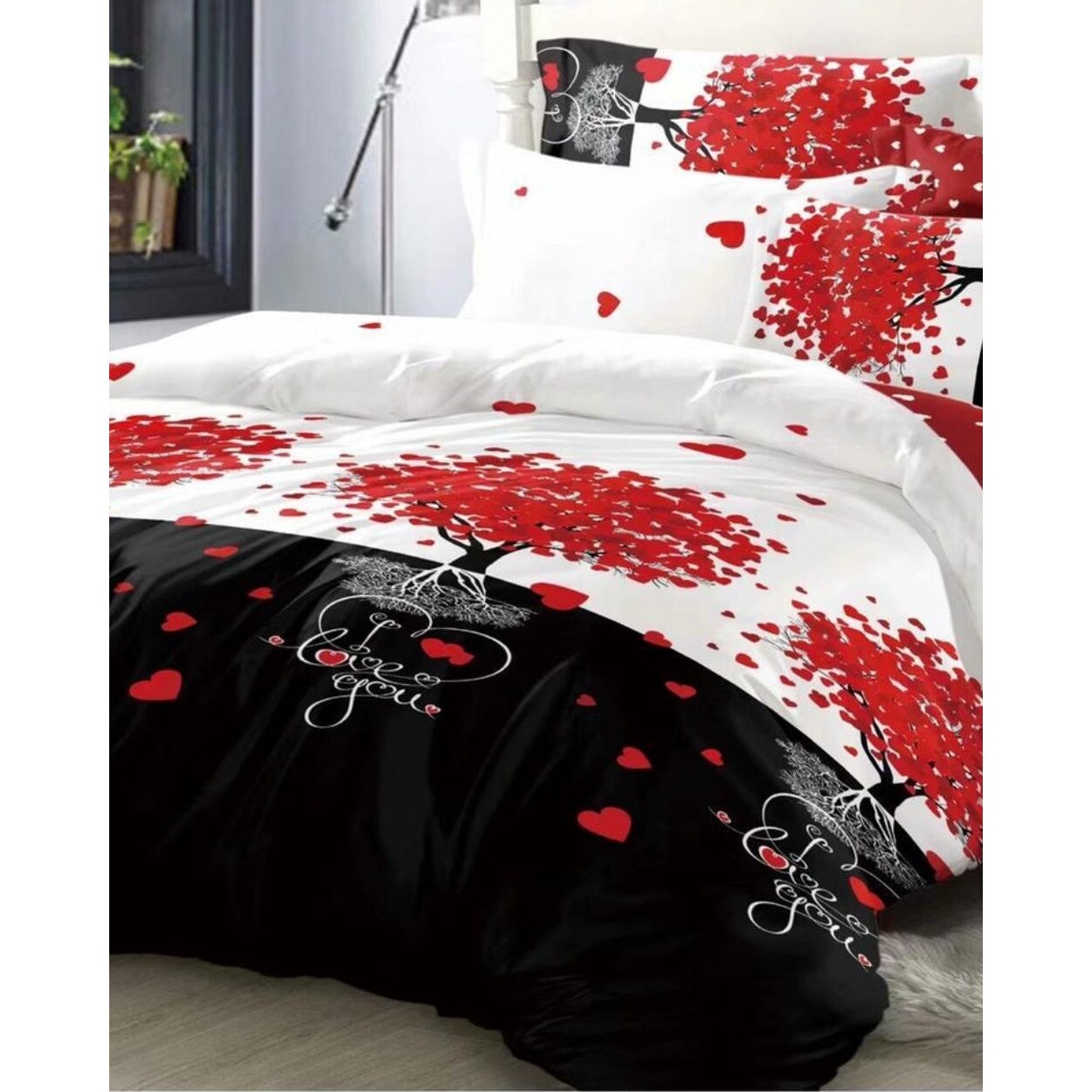 Set Lenjerie Finet Satinat Gros cu 2 Fete, 6 Piese, Pat 2 Persoane, Love Tree