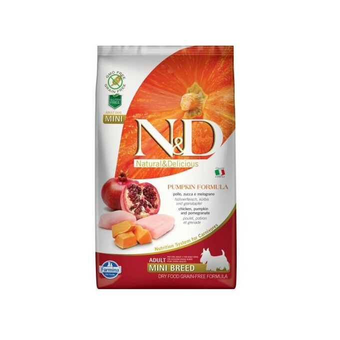 Hrana uscata pentru caini N&D, Grain Free, Adult Mini Pui, Rodie si Dovleac, 7 kg