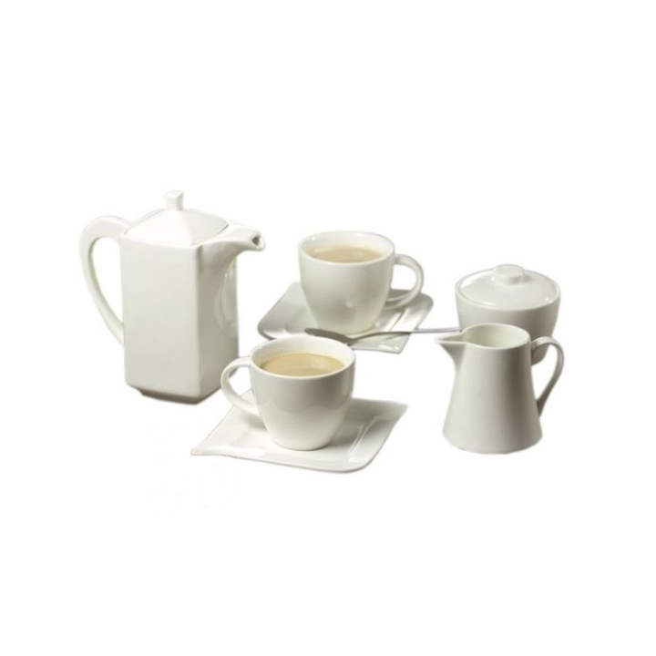 Serviciu servire ceai sau cafea, 29 piese, 12 persoane, portelan alb, Ambition Kubiko