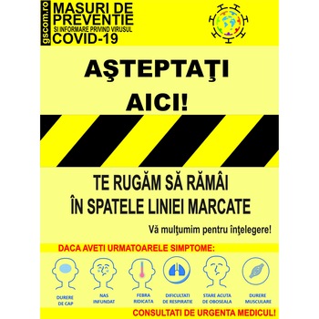 Afis COVID-19, GSC, Autocolant, 14x18.5 cm, indicator Asteapta aici!, Distantare sociala Afis COVID-19, GSC, Autocolant, 14x18.5 cm, indicator Asteapta aici!, Distantare sociala