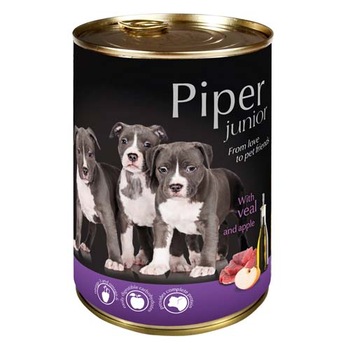 Conserva pentru caini, Junior, Piper, Carne de vitel/mere, 400g Conserva pentru caini, Junior, Piper, Carne de vitel/mere, 400g