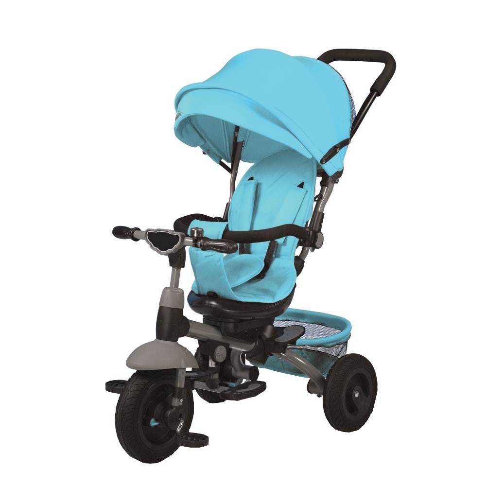 Tricicleta cu copertina detasabila NOVOKIDS™ King Trike , Cu sonerie si melodii, Roti gonflabile din cauciuc, Pozitie somn, Pedale si maner pentru parinti, Scaun reversibil cu rotire 360 grade , Cadru metalic, dimensiuni 100X50X105 cm, Albastru