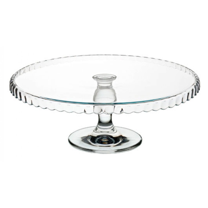 Suport tort cu picior, Pasabahce Patisserie, 32 cm, sticla, marginea in jos