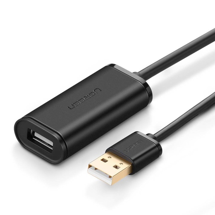 Cablu pentru transfer de date UGREEN US121, USB tata - USB mama, activ, 10m, Negru