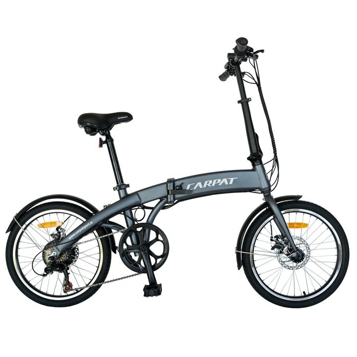 Електрически велосипед (E-BIKE) сгъваем, Shimano 6 скорости, алуминиева рамка 6061, 20 инча колела, дискови спирачки, 250 W мотор, 36 V/10,4 Ah батерия, CSC10/05E килим, сив цвят с бял дизайн