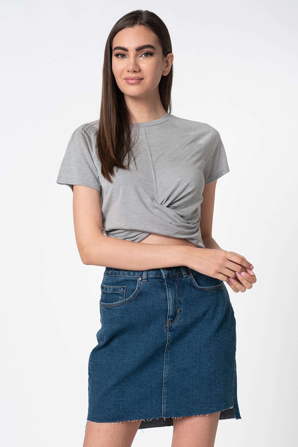 SUPERDRY, Tricou crop cu model petrecut Studio, Gri, L