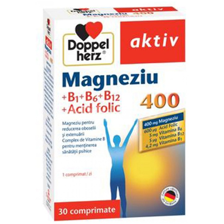 Supliment alimentar DOPPELHERZ MAGNEZIU 400 + B1+B6+ B12 + ACID FOLIC, 30 tablete + 10 tablete CADOU