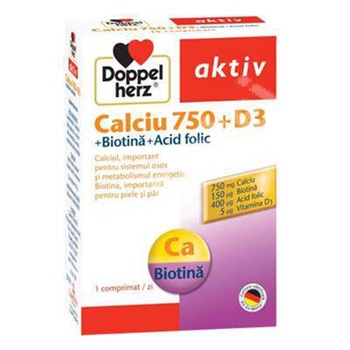 Supliment alimentar DOPPELHERZ AKTIV CA 750 + D3 + BIOTINA + ACID FOLIC, 30 comprimate Supliment alimentar DOPPELHERZ AKTIV CA 750 + D3 + BIOTINA + ACID FOLIC, 30 comprimate
