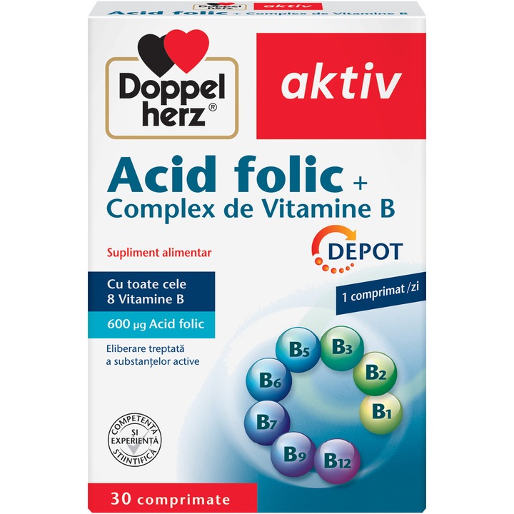 Supliment alimentar DOPPELHERZ ACID FOLIC + B-COMPLEX, 30 comprimate