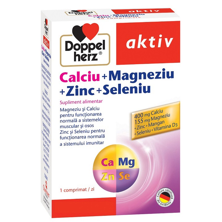 Хранителна добавка DOPPELHERZ AKTIV, CA+MG+ZN+SE, 30 таблетки