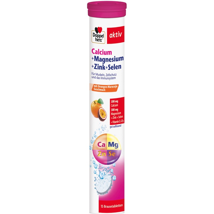 Supliment alimentar DOPPELHERZ AKTIV CA+MG+ZN+SE, 15 comprimate efervescente