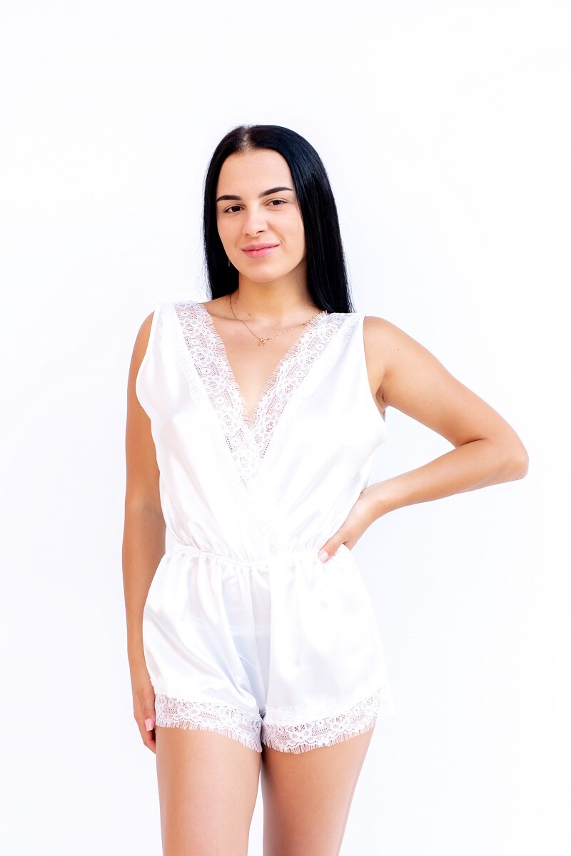 Salopeta cu pantalon scurt din satin ,Jasmin, Alb, L