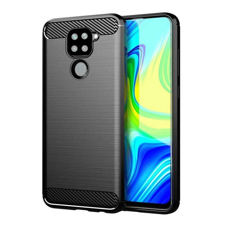 Anti Shock кейс PhonePlusBG, Carbon за Xiaomi Redmi Note 9, Силиконова защита около камерата, Черен