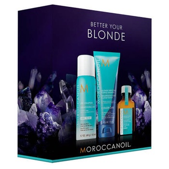 Pachet promo Moroccanoil: Tratament Moroccanoil pentru toate tipurile de par 25 ml + Sampon Moroccanoil Blonde Perfecting Purple 70 ml + Sampon uscat Moroccanoil, 65 ml Pachet promo Moroccanoil: Tratament Moroccanoil pentru toate tipurile de par 25 ml + Sampon Moroccanoil Blonde Perfecting Purple 70 ml + Sampon uscat Moroccanoil, 65 ml