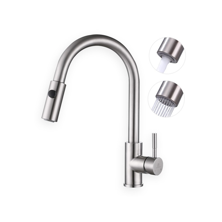 Baterie multifunctionala pentru bucatarie Homelody, Otel inoxidabil 304, Pipa rotativa 360°, Dus extractibil, 2 Moduri, Argintiu mat
