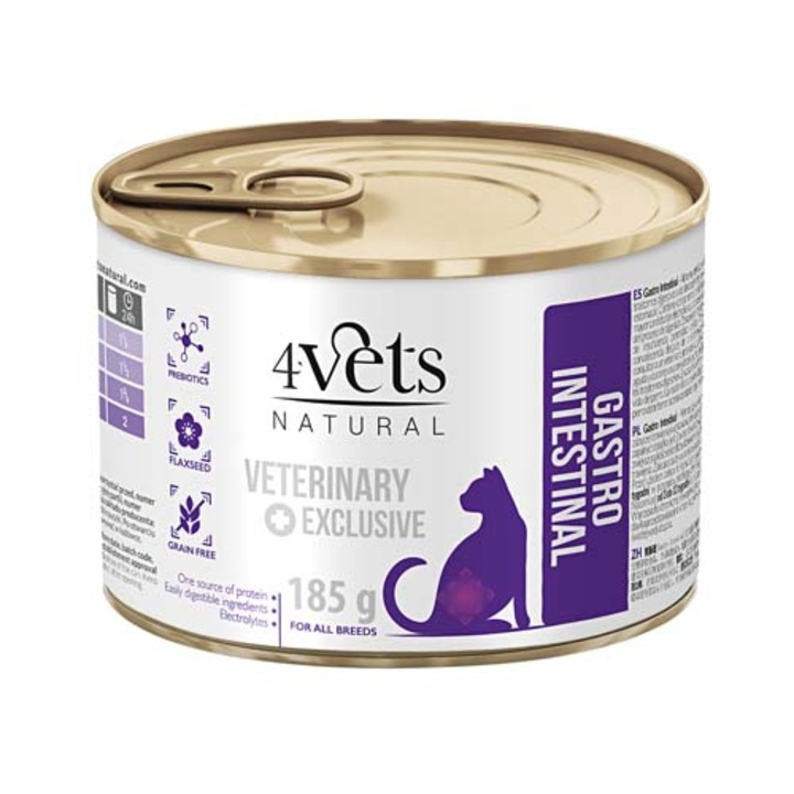 Храна за котки 4Vets Natural Veterinary Exclusive Gastro Intestinal, За котки със стомашно-чревни заболявания, 185г