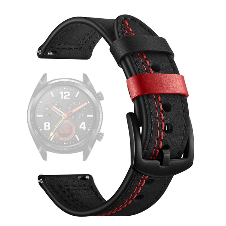 Каишка Smart Pulse Avangard естествена кожа, универсална 22 мм за Huawei watch GT/GT2/GT2 Pro/Watch 3/ Watch 3 pro, Samsung watch 46 Watch 3 и др, черна, червен шев