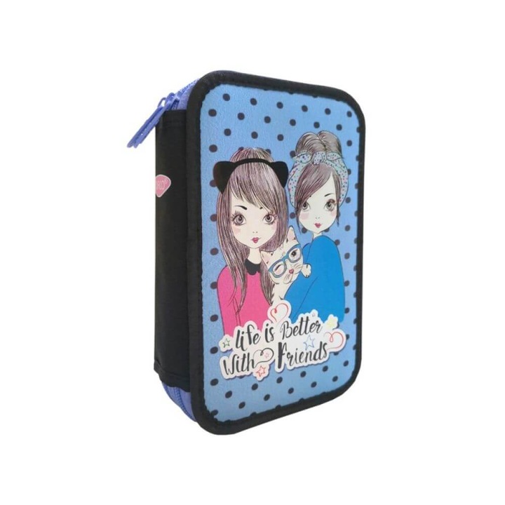 Felszereletlen DACO tolltartó, Friends modell, 19,5x5x12 cm, poliészter anyag, kék, két cipzár, két rekesszel