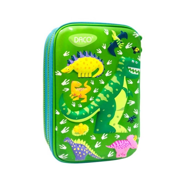 DACO tolltartó, dinoszaurusz, Felszereletlen, 22x15,5x7,5 cm, PVC, zöld, két cipzárral, két rekesszel
