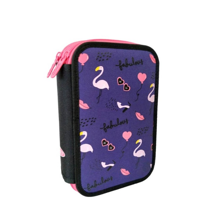 DACO beépített tolltartó, flamingó modell, 19,5x12,5x5 cm, két cipzár két rekesszel, poliészter, lila/rózsaszín