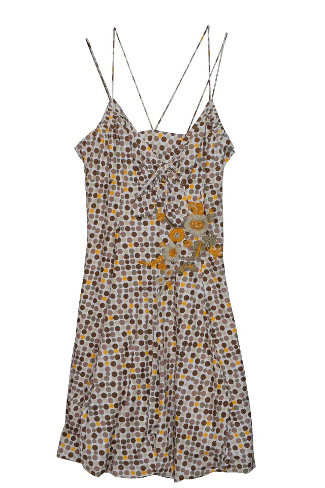 Rochie mini evazata bumbac cu buline si broderie anterior si bretelute, Multicolor