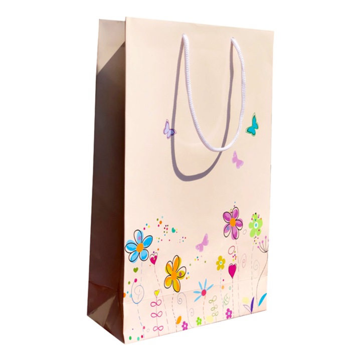 Set 5 pungi cadou model cu floricele, 23x38x10 cm, manere din snur textil cu capete de plastic transparente, plastifiere lucioasa, pentru zile de nastere sau ocazii speciale