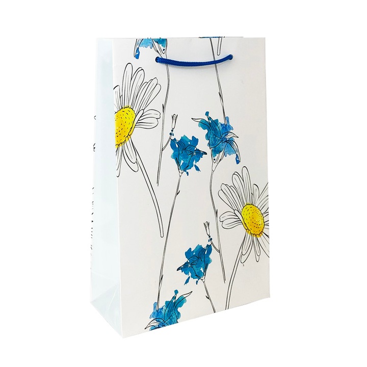 Set 5 bucati Punga de cadou cu model floral, 16x25x7 cm, manere din snur textil cu capete de plastic transparente, plastifiere lucioasa, pentru zile de nastere sau ocazii speciale