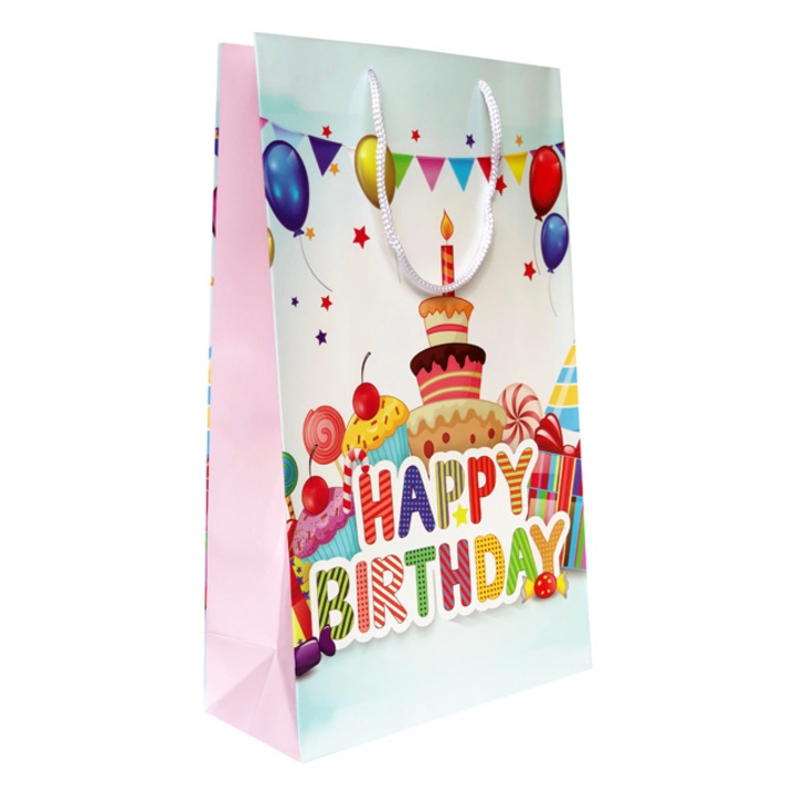Set 5 pungi cadou cu model Happy Birthday, 23x38x10 cm, manere din snur textil cu capete de plastic transparente, plastifiere lucioasa, pentru zile de nastere sau aniversari