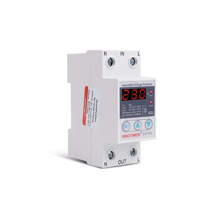 Releu de protectie tensiune monofazic, Sinotimer, 40A, ecran digital LED, recuperare automata, SVP-912-40A