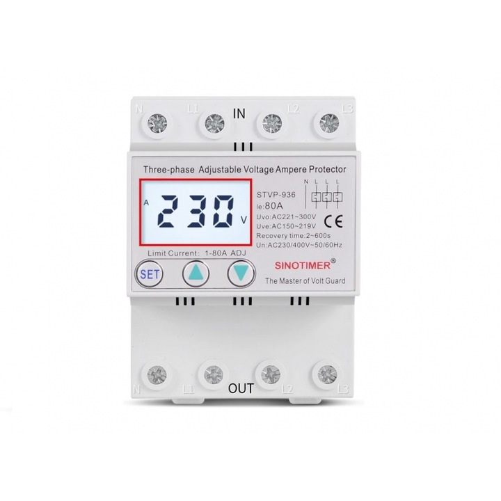 Releu trifazic SINOTIMER, siguranta digitala de protectie tensiune, 380V, 1- 80A, recuperare automata, STVP-936-80A
