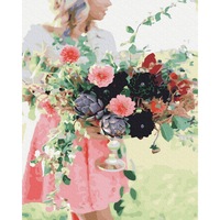 Set picturi pe numere, Acuarello, The Girl with Flowers, 40x50cm, culori acrilice, pensule, panza incadrata pe o rama de lemn