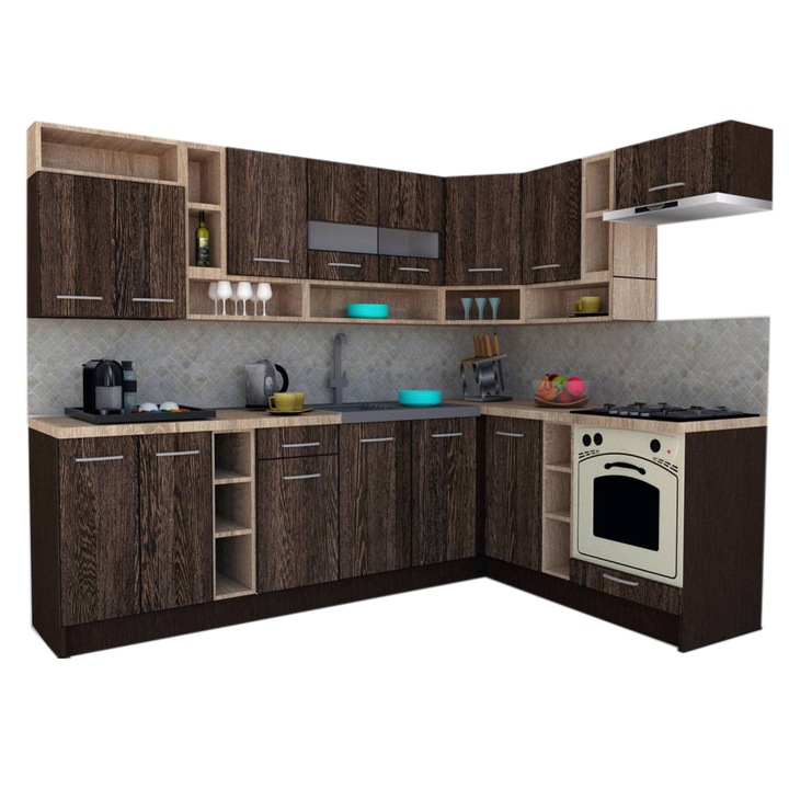 Set Bucatarie de Colt Genarom COSSY NEW DR 180-260, Wenge / Decor 7648