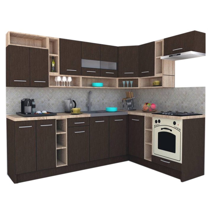 Set Bucatarie de Colt Genarom COSSY NEW DR 180-260, Wenge / Decor 8548