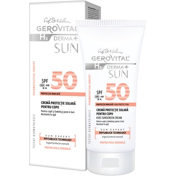 Crema protectie solara pentru copii Gerovital H3 Derma+ Sun, cu SPF 50, 100 ml Crema protectie solara pentru copii Gerovital H3 Derma+ Sun, cu SPF 50, 100 ml