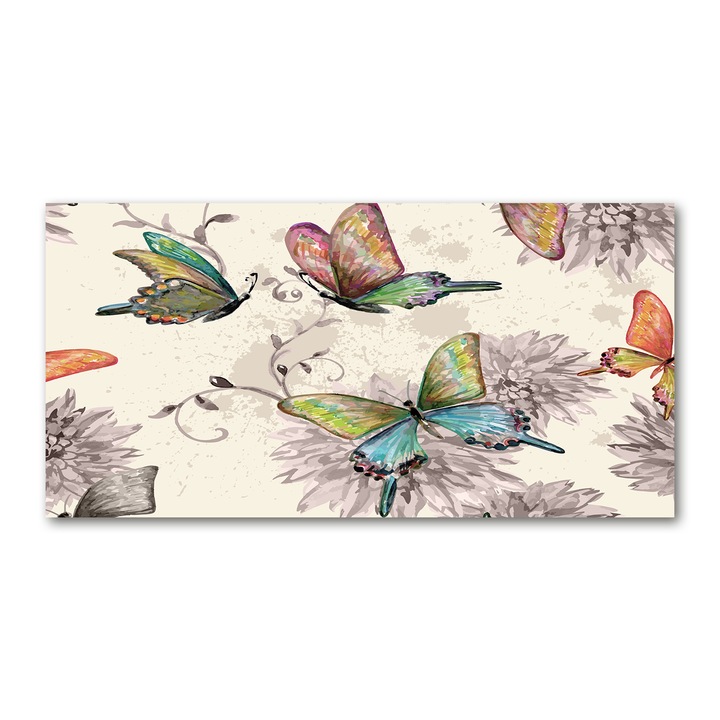 Pictura pe panza, Decorarea peretilor - Fluturi si flori, 120 cm x 60 cm