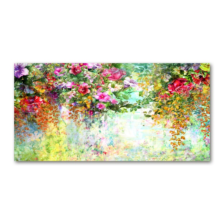 Tablou pe sticla, 100x50cm, Imagine imprimata sticla, Decorarea peretilor "Flori multicolore”