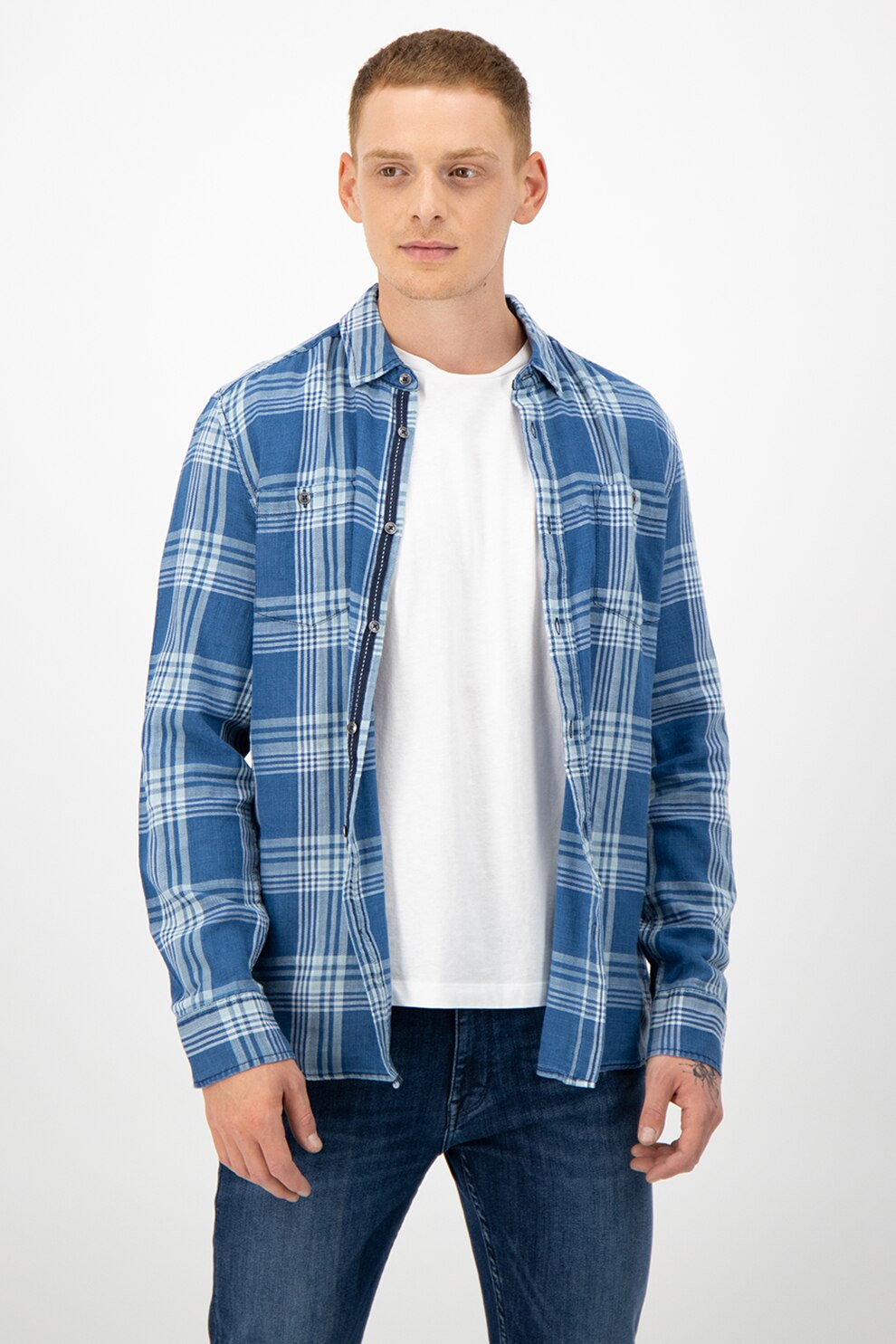 Mustang, Camasa in carouri cu buzunare cu nasturi, pe piept, Albastru, S