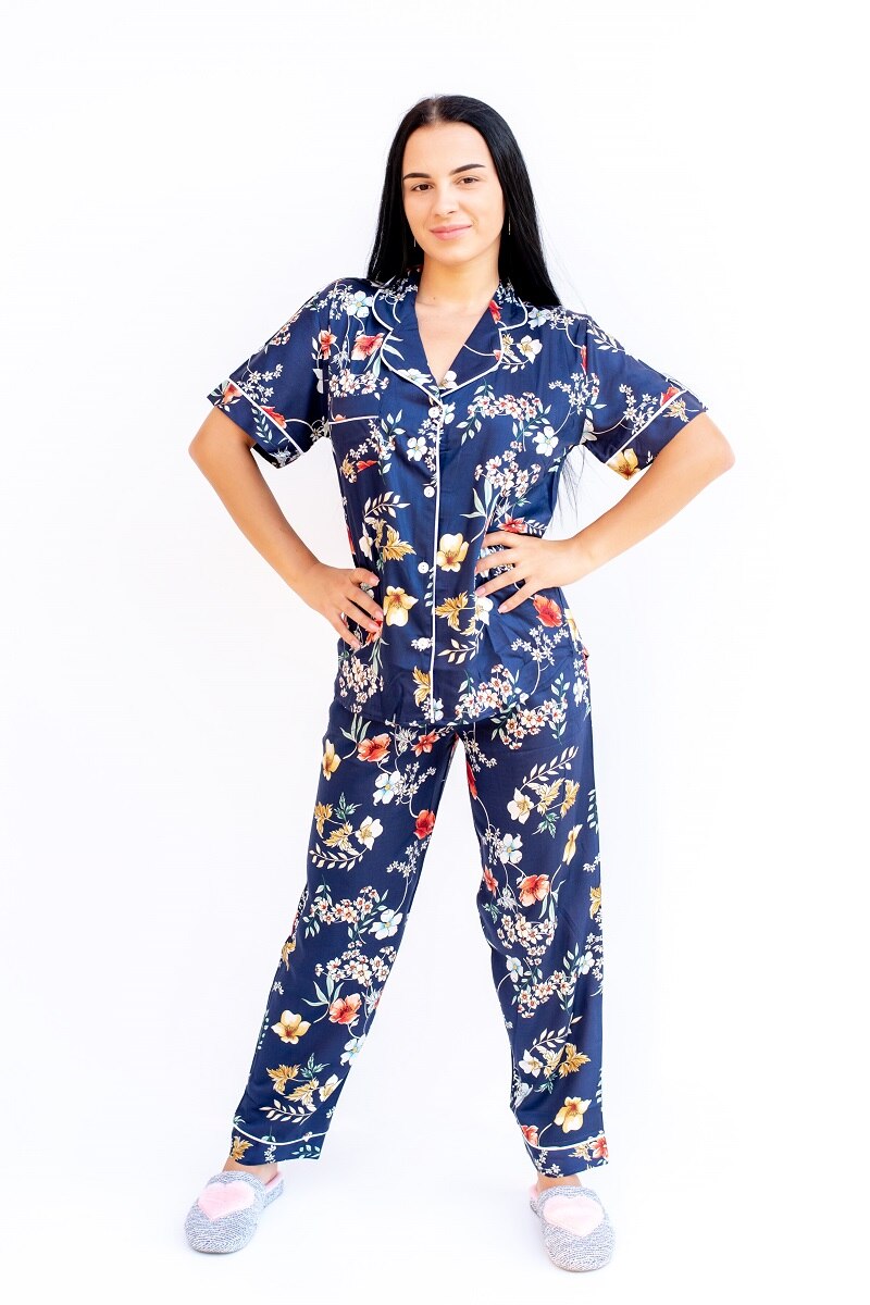Pijama dama bumbac, Jasmin, model floral, bleumarin, Bleumarin, 2XL