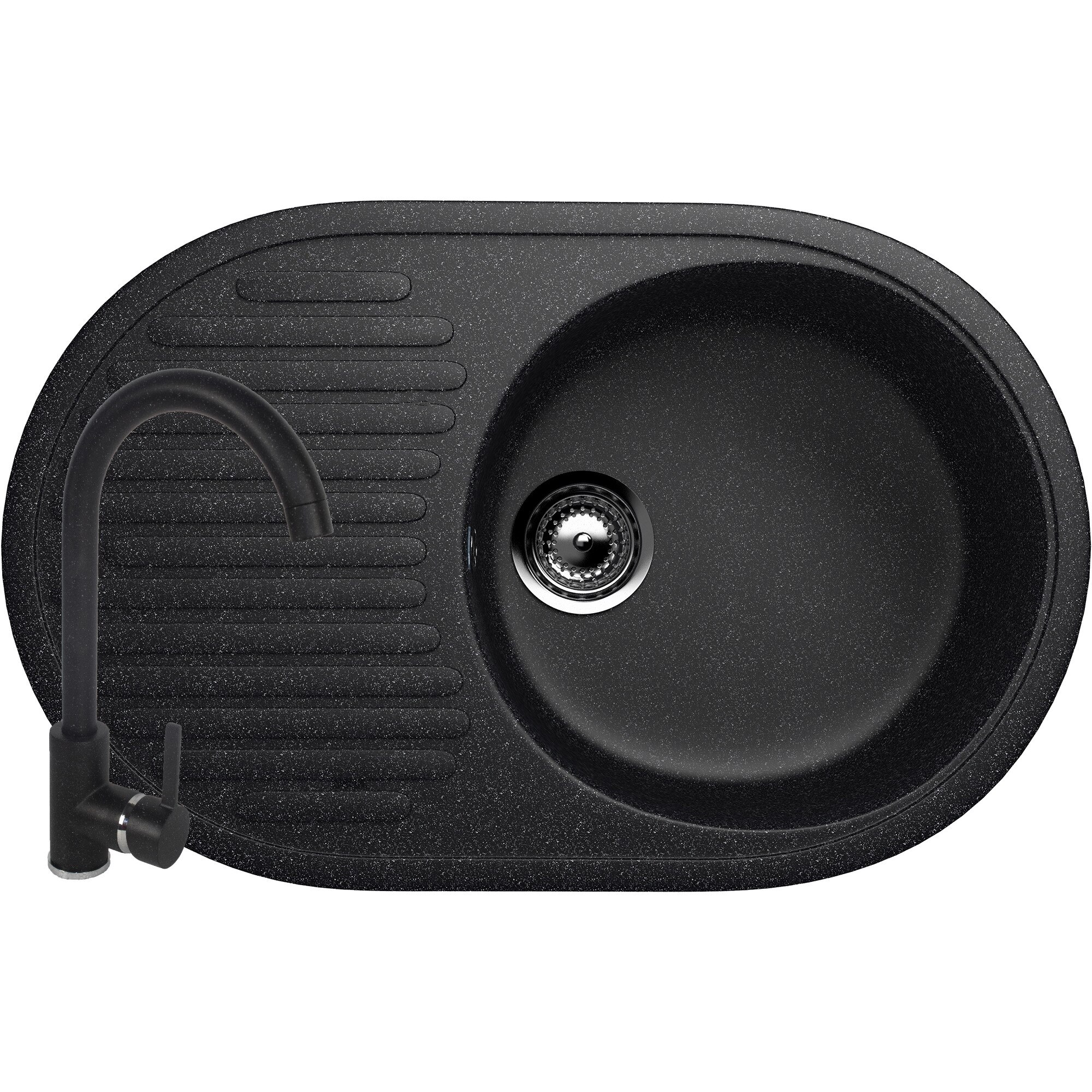 Set Chiuveta ovala Compozit Bucatarie Ulgran U-107-308, Negru, Reversibila, Sifon Complet inclus + Baterie Fleko FZXC-MD410, Negru, Monocomanda